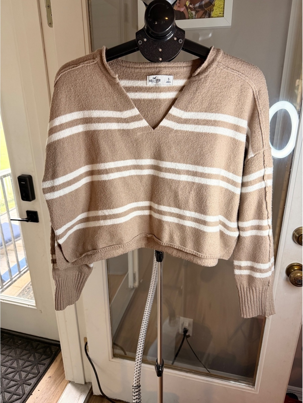 Hollister Beige and White Striped V Neck Sweater